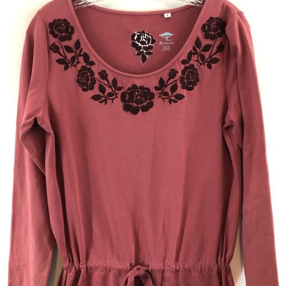 Acacia Long Sleeve Dress Drawstring elastic waist Pockets Floral Accents - Picture 3 of 11